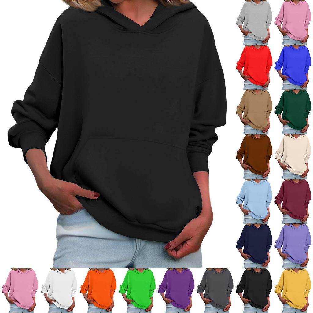 Women's Loose Long Sleeved Solid Color Casual Fleece Pullover Hooded Sweatshirt
