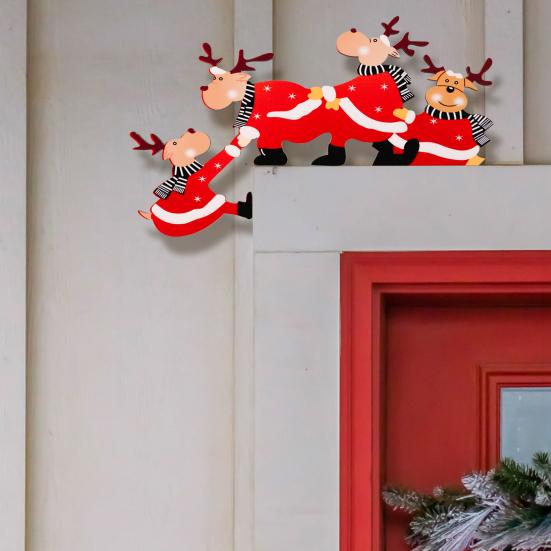 Christmas Door Topper Decoration Wood Santa Claus Reindeer Door Frame Corner Sign for Front Door Window Mantel Shelf Cabinet Home Indoor Decor