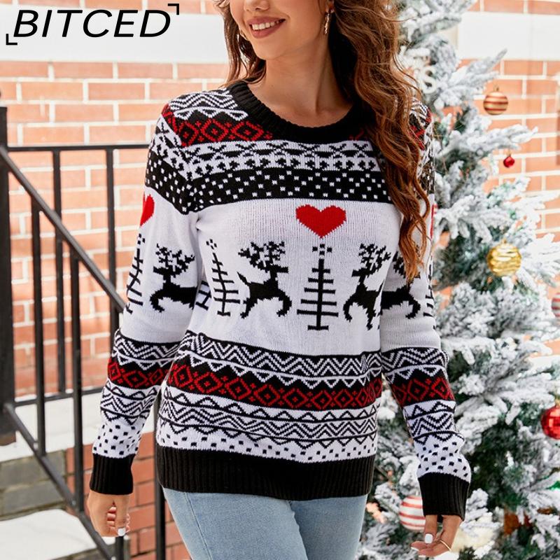BITCED Jacquard Casual Crewneck Christmas Sweater Lazy-chic Autumn/Winter Women's Knitted Jumper