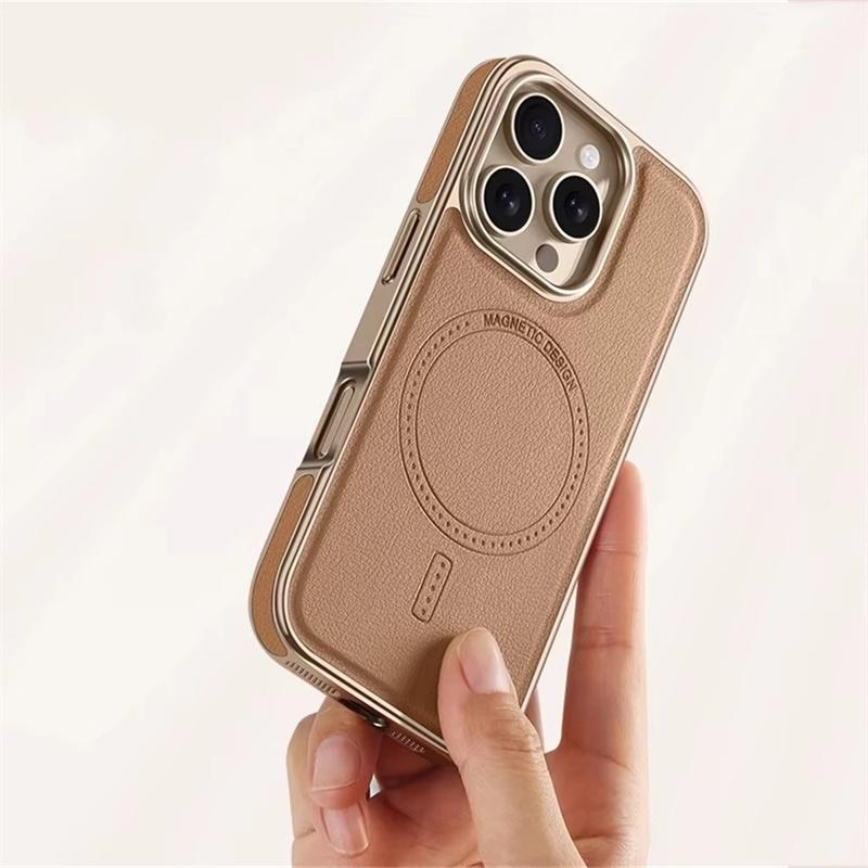 Роскошный чехол из ПУ кожи с гальваническим покрытием для iPhone 13 14 15 16 17 18 Pro Max, с магнитной беспроводной зарядкой Magsafe, противоударная крышка