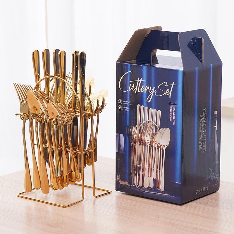 Stainless Steel Cutlery Set: 24-Piece Gift Box with Knife, Fork, Spoon for Western Food and Desserts.