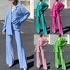 Women's 2 Piece Casual Outfits Long Sleeve Button Down Shirt High Waist Long Pants Loungewear Streetwear