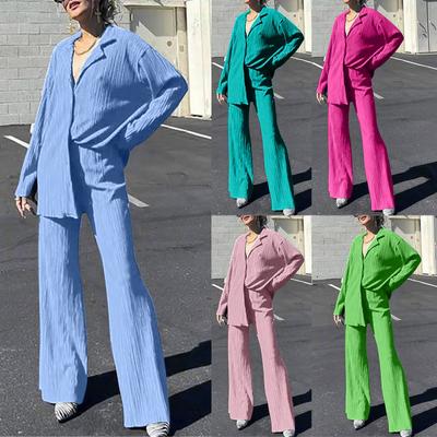 Женская повседневная одежда из 2 предметов, рубашка на пуговицах с длинным рукавом, длинные брюки с высокой талией, одежда для дома, уличная одежда