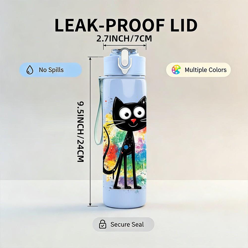 1PC Colorful Graffiti Black Cat Cartoon Print 750ml Color Plastic Sports Water Bottle Leakproof Flip Straw Lid Suitable for Sports Office Home Use