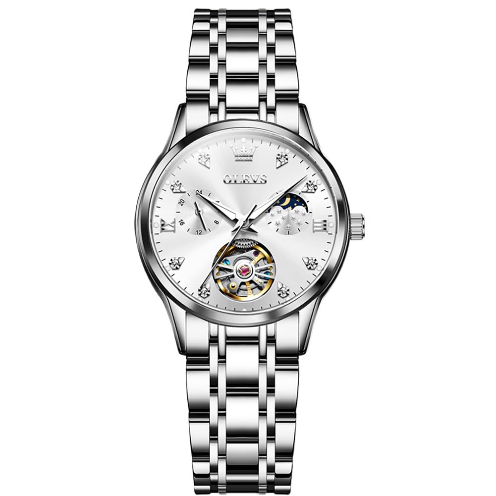 OLEVS Ladies Watch Mechanical Automatic Cute Arm Watch Ladies Watch Waterproof Luminous Diamond Sparkling Ladies Watch Date Ladies Watch White