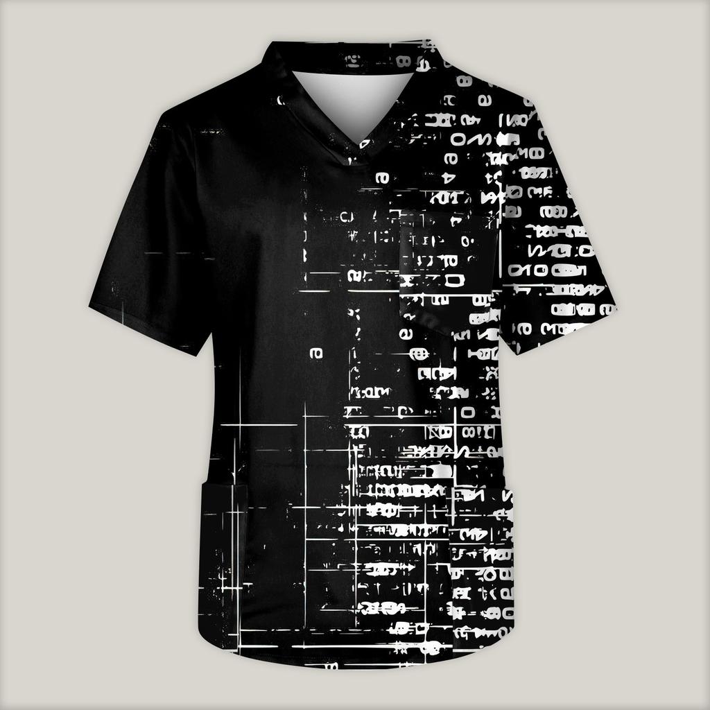 Мужская рабочая блузка с короткими рукавами и v-образным вырезом с принтом, топ с нагрудным карманом