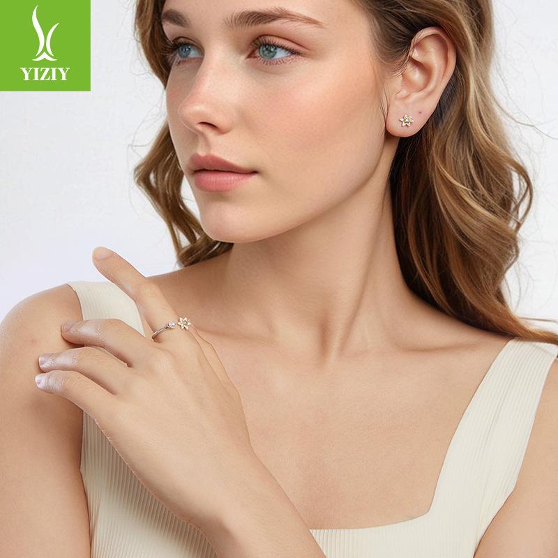 Серебро 925 пробы Весна Новинка Маленький Желтый Цветок Открытое Кольцо Серьги Набор Ювелирных Изделий Свежий Женский Нишевый Легкая Роскошь