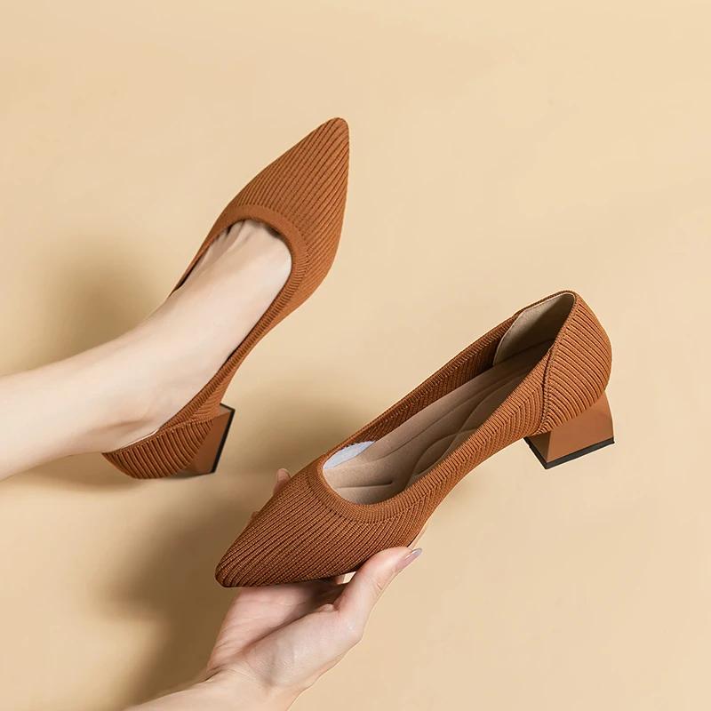 2025 Женские туфли с острым носком Весна/осень Модные трикотажные дышащие удобные рабочие туфли Нескользящие женские туфли-лодочки на резиновой подошве