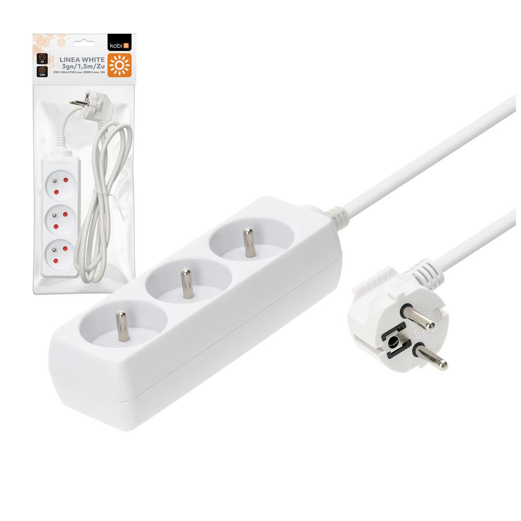 3-socket extension cord with grounding, 1.5 , white