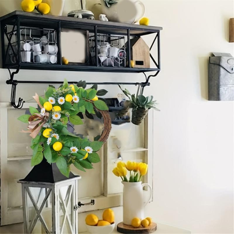 Artificial Bowknot Wreath with Lemon for Front Door, Spring Wreath for Front Door Farmhouses Outdoor Wedding Decorations