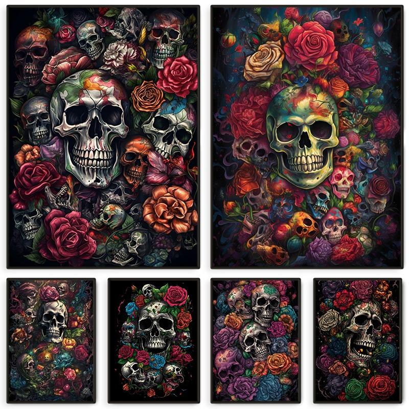 Постер Череп и Роза Абстрактный Ужасный Полные Черепа Холст Живопись Магическое Настенное Искусство для Гостиной Домашний Декор Фреска