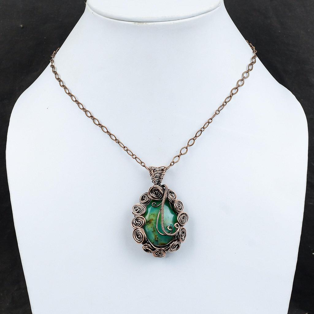 Подвеска из хризопраза, обернутая медной проволокой, подвеска из настоящего драгоценного камня, подвеска ручной работы, обернутая медной проволокой, изящная подвеска, подарок для мамы