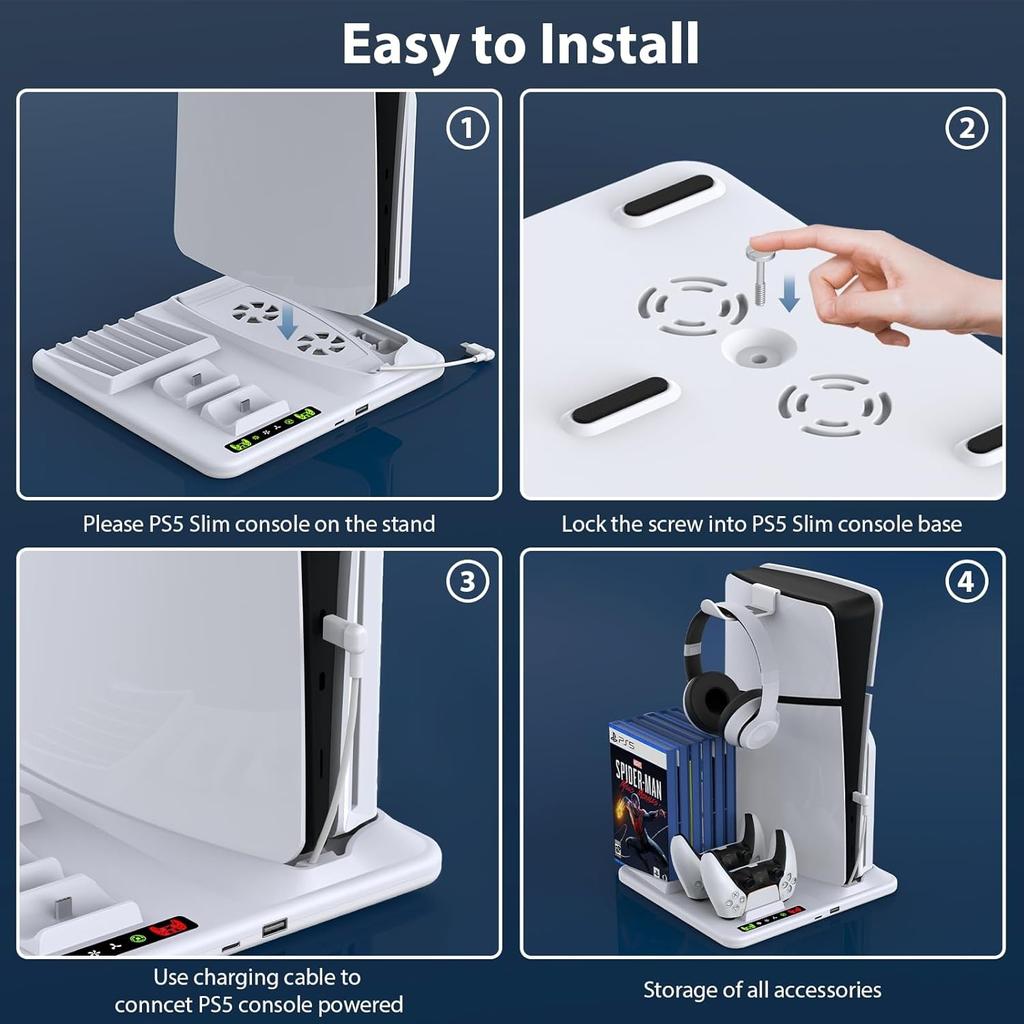 ДЛЯ PS5 Slim с зарядной док-станцией и подставкой для хранения 8 игр с охлаждающим вентилятором и зарядной станцией для контроллера PS5