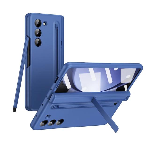 With Touch Pen Case For Samsung Galaxy Z Fold 7 Leather Hinge Fold 6 5 4 Screen Protector Tempered Film Folding Kickstand Cover