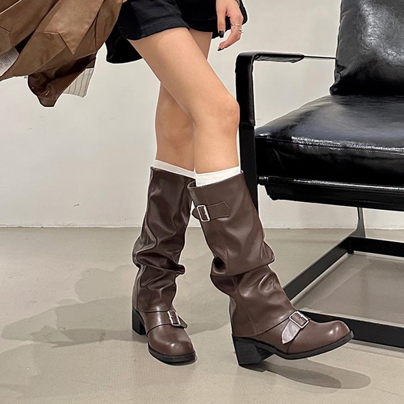 Fashion 2025Woman Boots Knee High Platform Chunky Heels Trend Punk Gothic New Rock Leather Fashion Women's Shoes Motorcycle Footwear