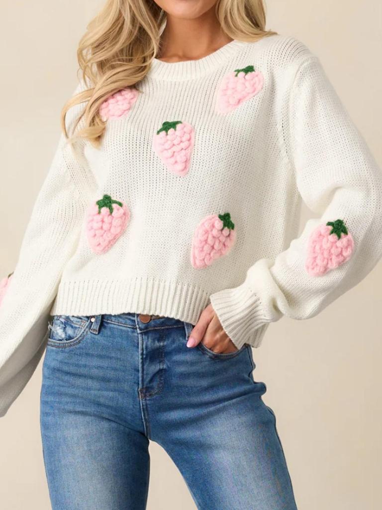 Elegant 3D Strawberry Pattern Women's Pullover Sweater - Long Sleeve Knitwear