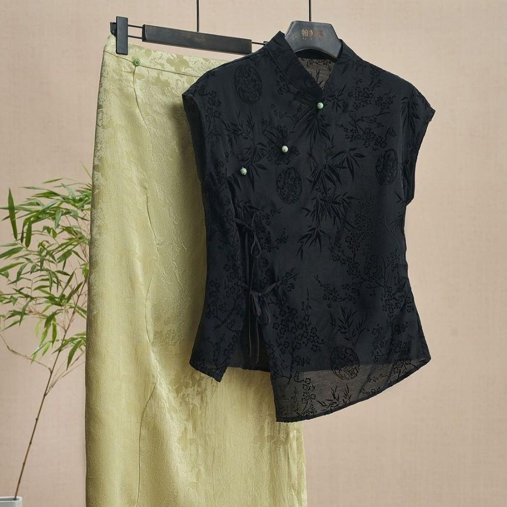 Short Sleeve Cheongsam T-Shirt Jacquard Weave Black Jacquard Shirt For Women