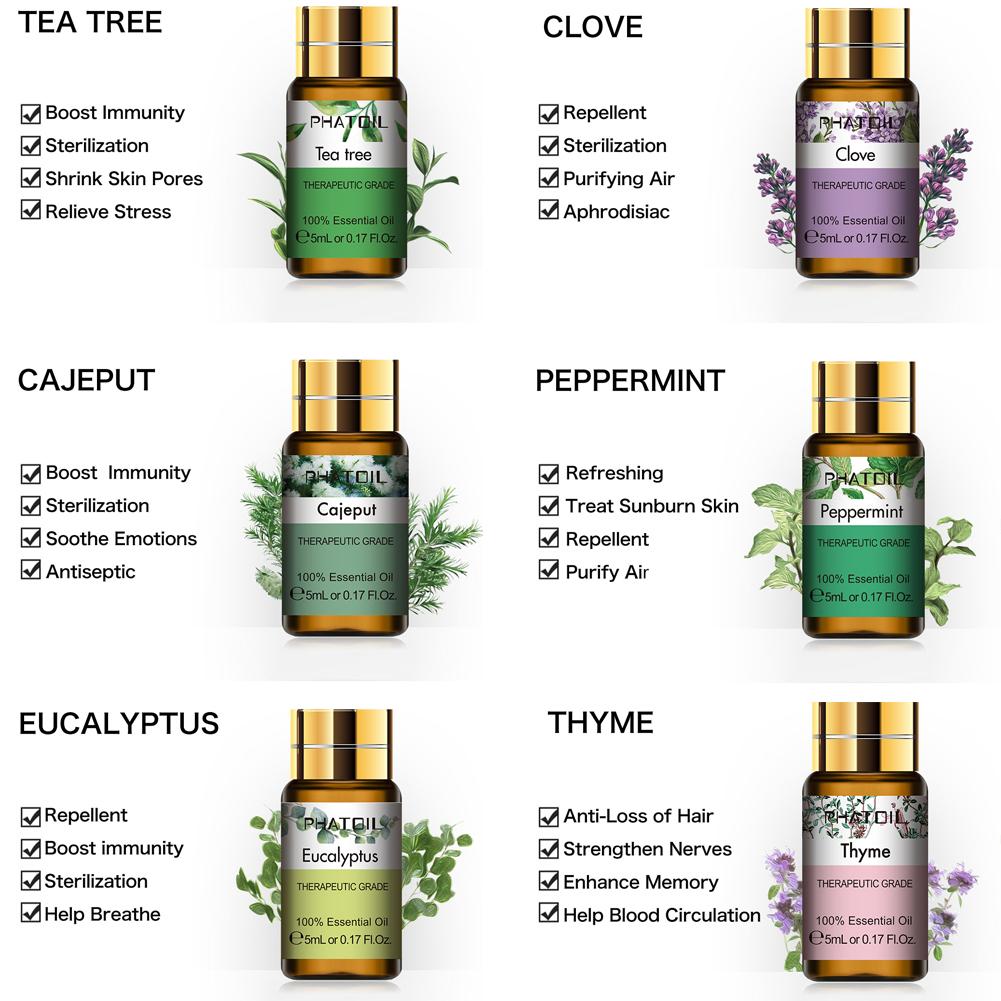 PHATOIL 5ML Rose Jasmine Lavender Plant Essential Oil with Dropper Purify the Air Bactericide Spa Body Care Vanilla Eucalyptus Tea Tree Oil