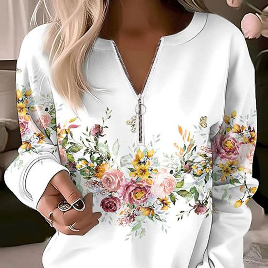 Женский осенне-весенний свитер с цветочным принтом, v-образный вырез, молния, декор, пуловер с длинными рукавами, мягкий повседневный толстый эластичный манжет, женский топ, блузка
