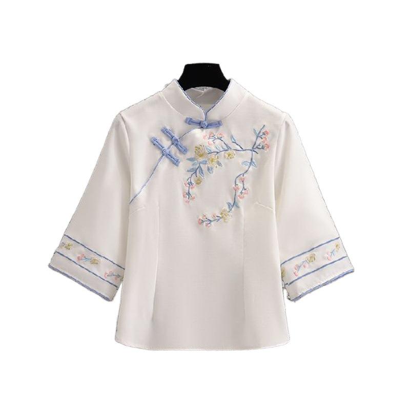 Весенний республиканский женский ханьфу для чайной церемонии: Костюм Танг Приталенный Вышитый Ципао Комплект из двух предметов