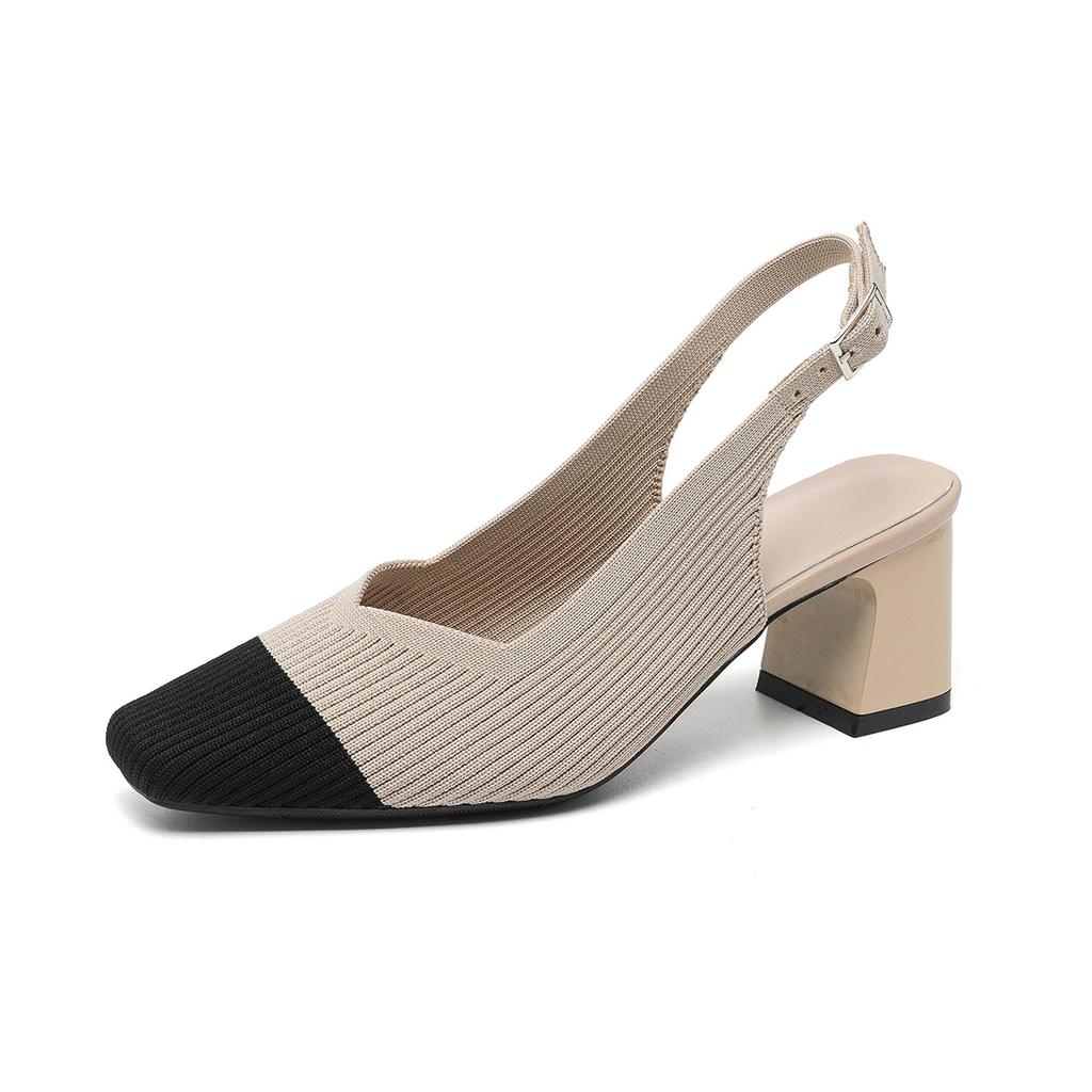 Туфли с открытой пяткой для женщин с квадратным носком, удобные трикотажные туфли для работы, прогулок, офиса, туфли-лодочки на толстом каблуке, женские нескользящие туфли на низком каблуке для свадьбы, нарядные туфли