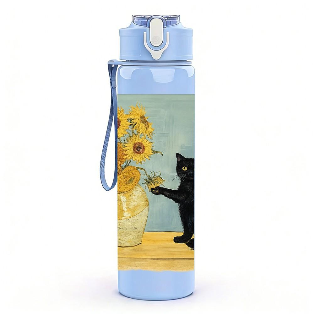 1PC Black Cat Sit Beside Sunflower Print 750ml Color Plastic Sports Water Bottle Leakproof Flip Straw Lid Suitable for Sports Office Home Use