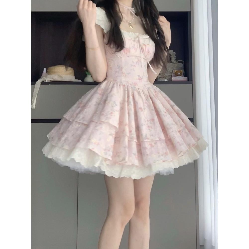 Sweet Spice Girl Pink Floral Dress Women's Summer Xiaofei Sleeve Design Sense Princess Cake Dress Waist Fluffy Dress