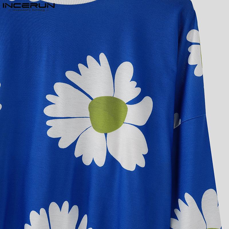 INCERUN Мужские весенние тонкие толстовки с длинным рукавом и круглым вырезом в стиле пэчворк с цветочным принтом