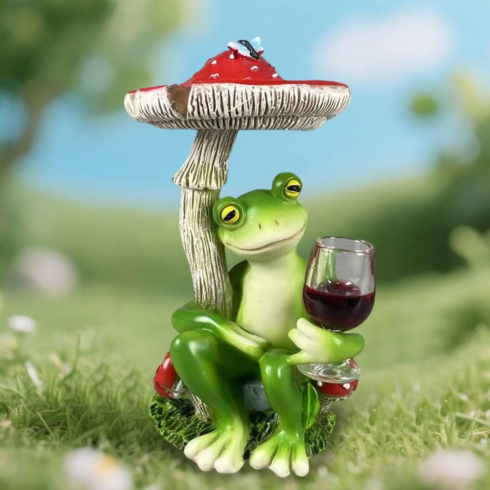 Red/Yellow Mushroom Sitting Frog Ornament Cartoon Resin Frog Sculptures Shelf Home