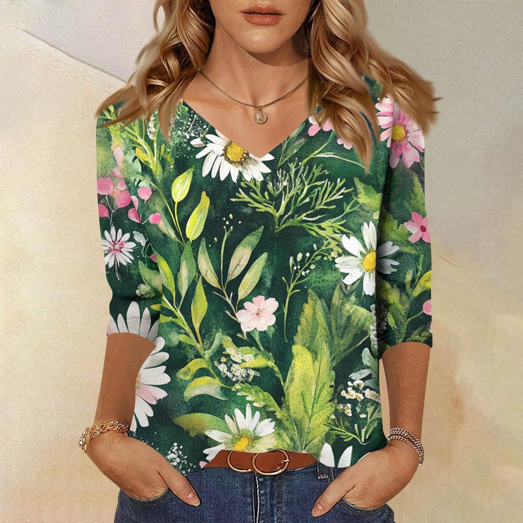 Женские топы, рубашка с рукавом три четверти, свободная повседневная рубашка с V-образным вырезом, футболка с цветочным принтом