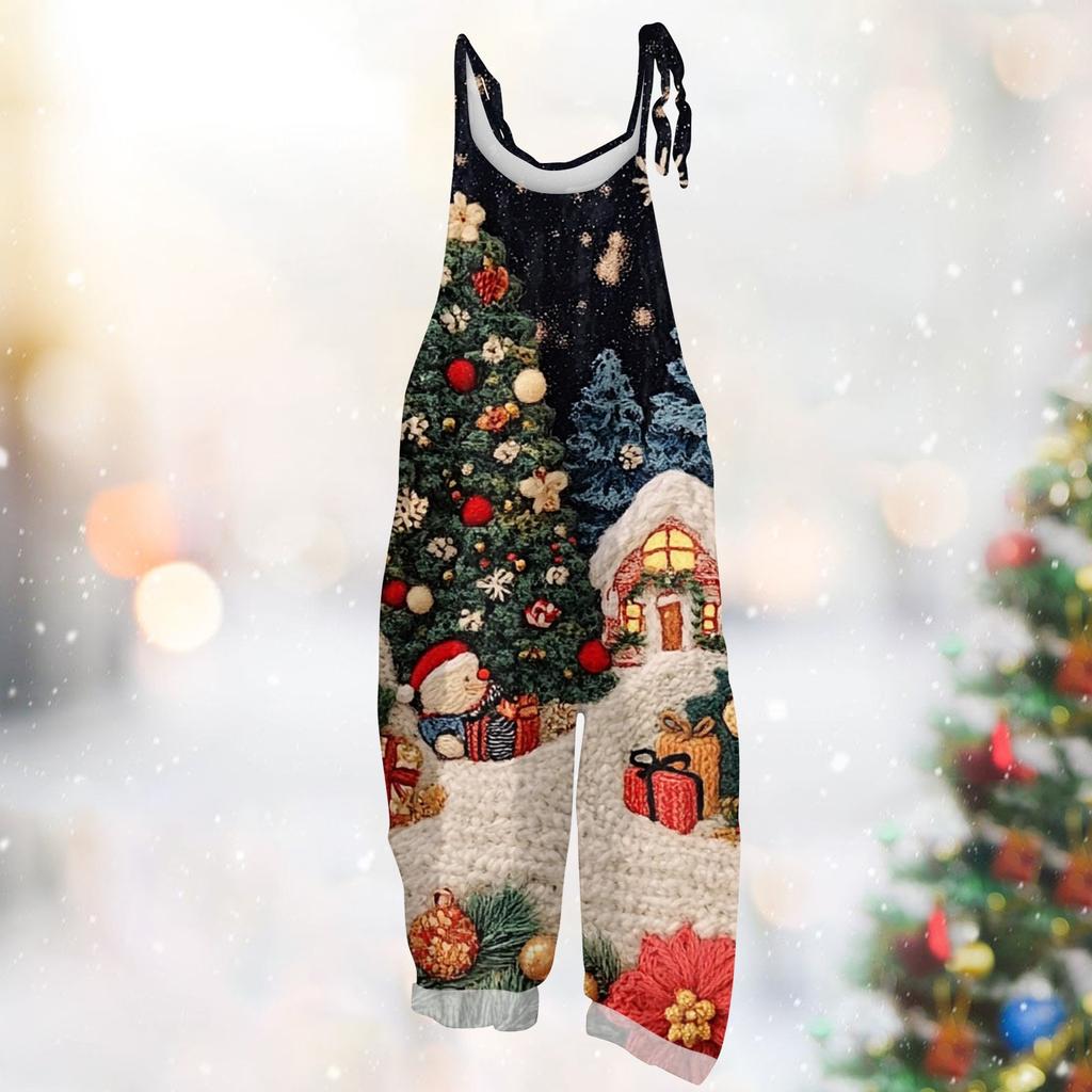 Женский комбинезон с рождественским принтом, повседневный свободный винтажный комбинезон из хлопка и льна