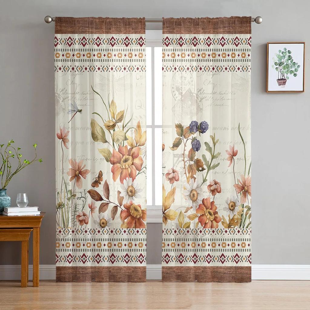 Autumn Plant Flowers Pastoral Style Retro Bedroom Transparent Sheer Curtains Holiday Decoration Window Voile Tulle Curtain