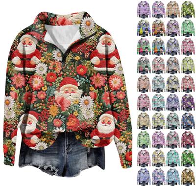 Рождественские толстовки для женщин, милый рождественский свитшот с 3D графическим принтом, большой пуловер на молнии с длинными рукавами и круглым вырезом, топы