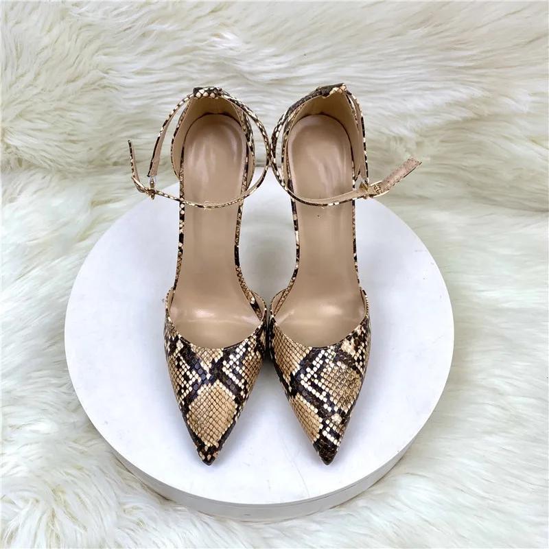 Женские туфли на высоком каблуке, коричневые, со змеиным принтом, с тонким клювом, на шпильке, для вечеринки в День святого Валентина, с острым носком, с пряжкой в виде змеиного узора