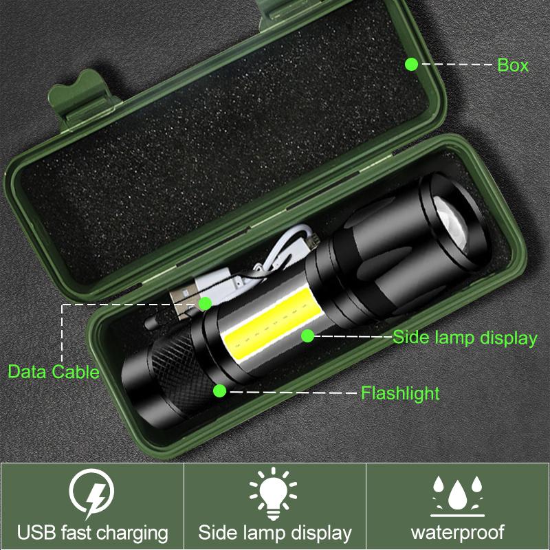 Компактный водонепроницаемый фонарик с быстрой зарядкой от USB и боковыми COB-фонарями