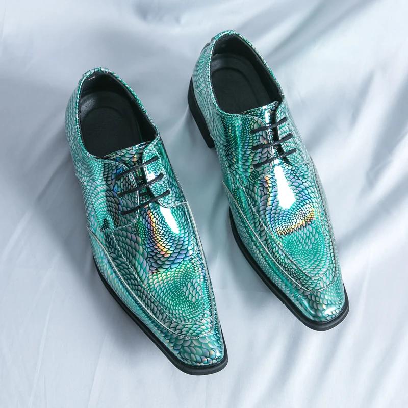 New Men Bright PU Printing Fashion Shoes Low Top Business British Casual Shoes Lace Up Classic Large Sizes 37-46 Men Shoes