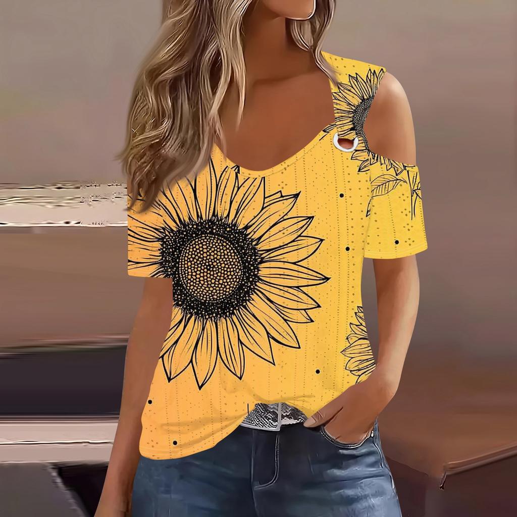 Sexy Cold Sholuder Tops For Women Summer Hollow Out Eyelet Short Sleeve Blouse Loose V Neck Tshirt Trendy Casual Tunics