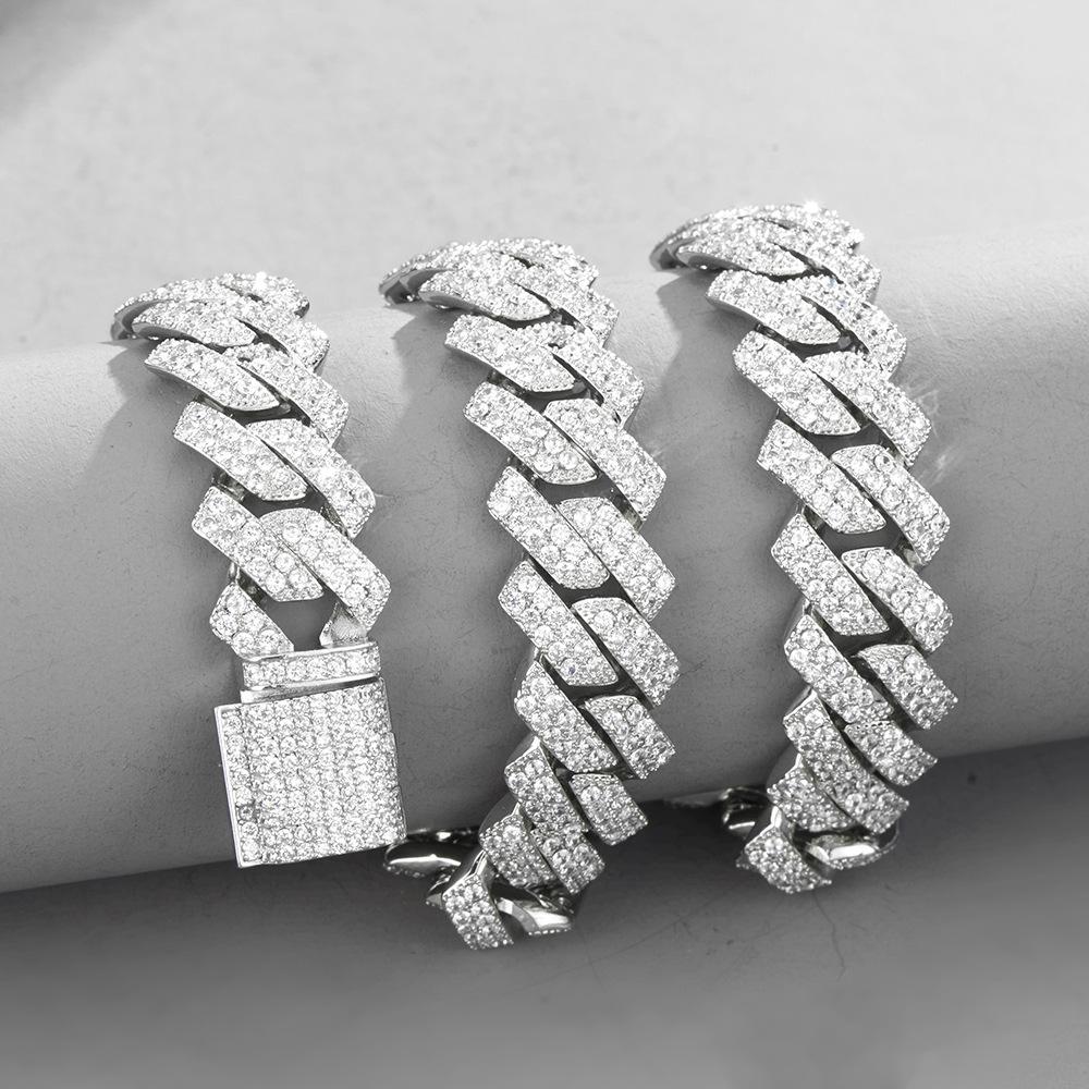 Hip Hop Iced Out Chain Paved Rhinestones Necklace 15MM Silver Color Full Miami Curb Cuban Chain Rapper Necklaces For Men Jewelry