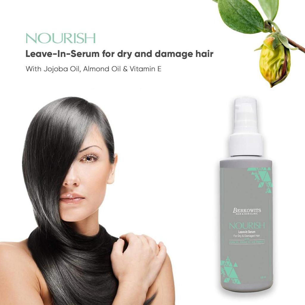 BERKOWITS HAIR & SKIN CLINIC Nourish Leave In Serum | Serum for Dry, Damaged & Frizzy Hair | With Vitamin E, Jojoba & Almond Oil - 100 ml