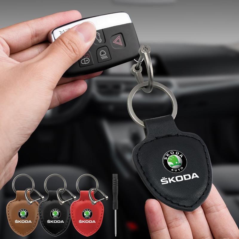 YSAG7 PU Leather Keychain Double Sided Car Keychain Key Accessories New Simple Unisex Keyrings valve core For Skoda KAROQ FABIA YETI