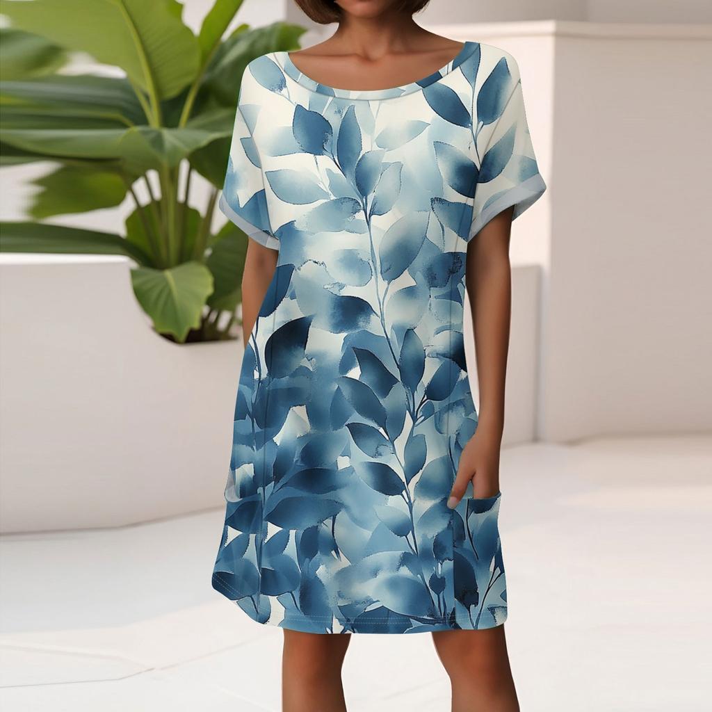 Women's Fashion Short Sleeve Dress With Pockets Floral Print Casual Beach Dress