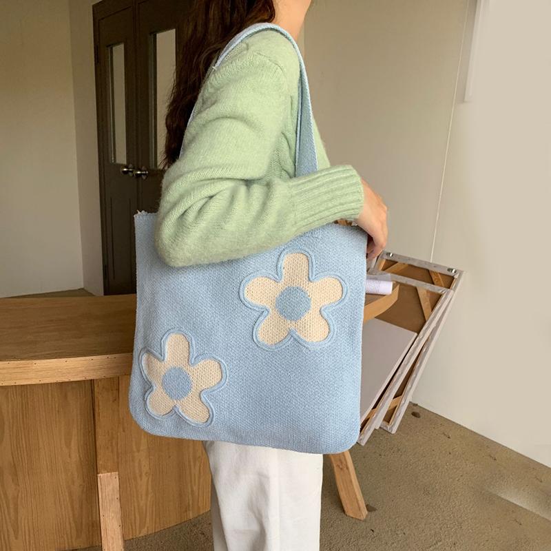 Knitting Woolen Flower Decor Tote Bag Women Crochet Fashion Open Shopper Top-handle Bag Female Daily Large Capacity Handbag