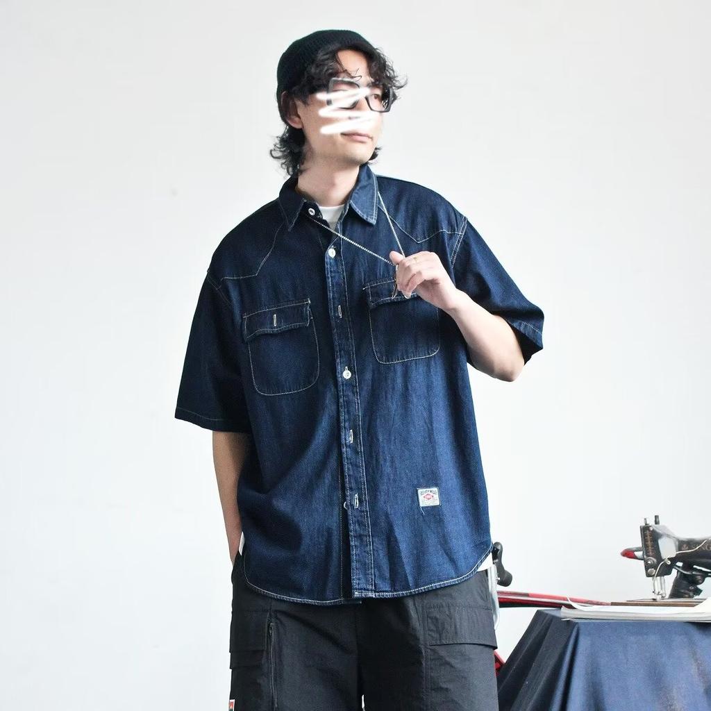 Японский ретро модный бренд летняя свободная джинсовая рубашка с короткими рукавами художественная молодежная рабочая рубашка мужская и женская многослойная куртка