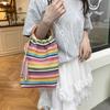 Hollow Out Rainbow Woven Handbag Bohemian Style Underarm Bag Simple Summer Bucket Bag  Holiday