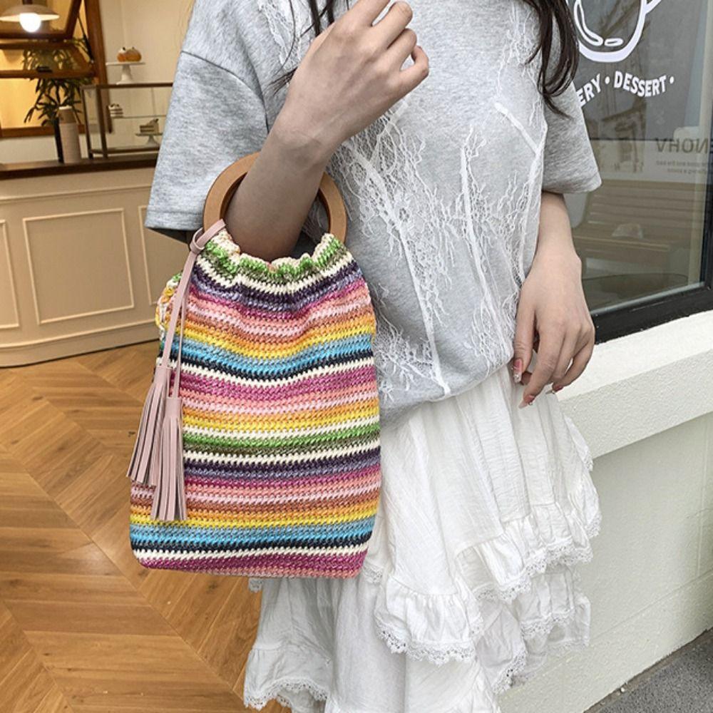 Hollow Out Rainbow Woven Handbag Bohemian Style Underarm Bag Simple Summer Bucket Bag  Holiday