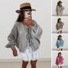 Women Sweater Coat Round Neck Long Sleeve Lace-up Knitting Coat Solid Color Loose Fit Casual Style Knitting Outwear