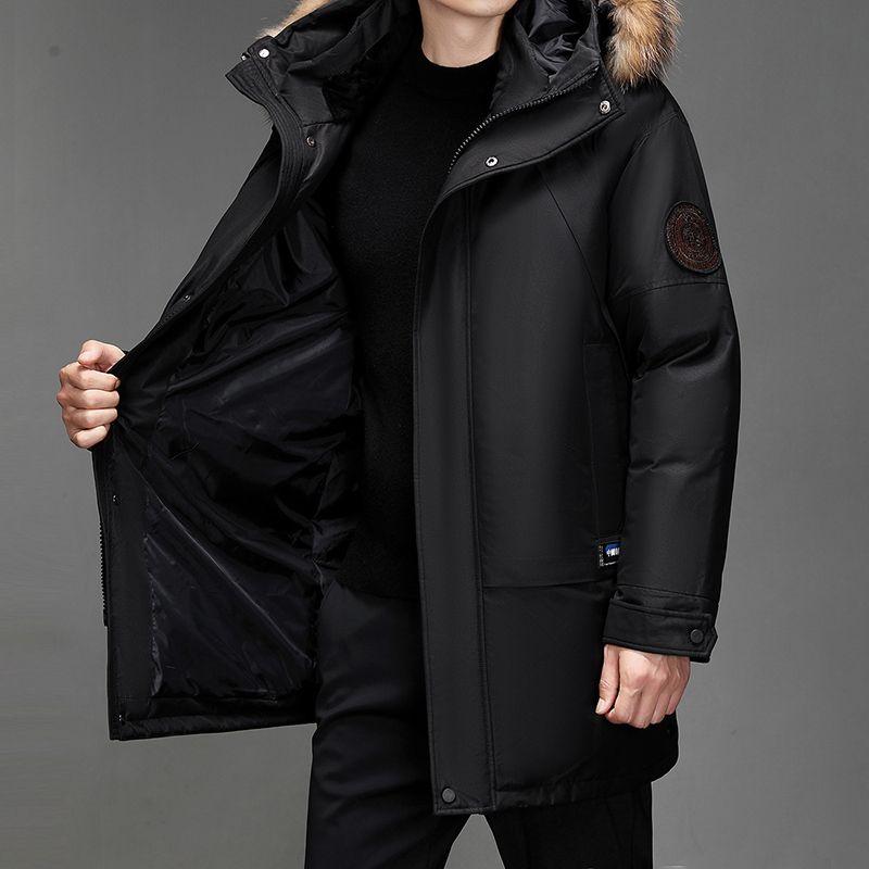 Winter Men's Fur Collar Mid Length Down Jacket Casual Thick Hooded Fashionable and Warm Long Jacket