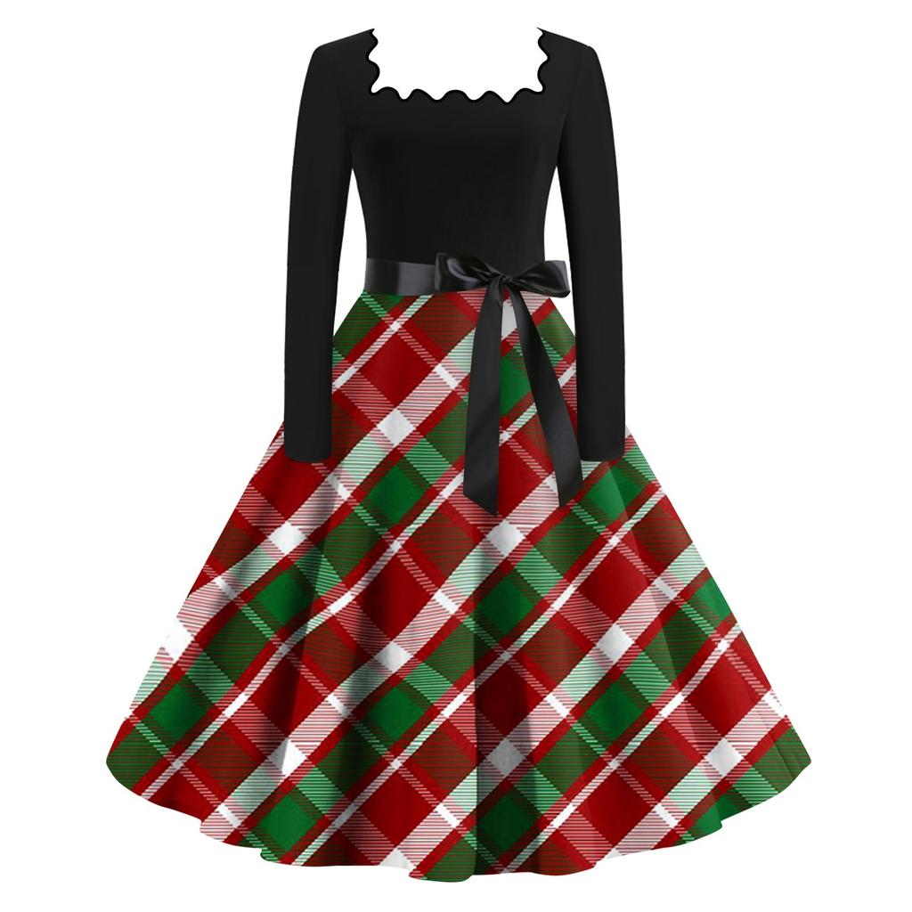 Женские повседневные модные платья с длинными рукавами и рождественским принтом с квадратным вырезом в винтажном стиле