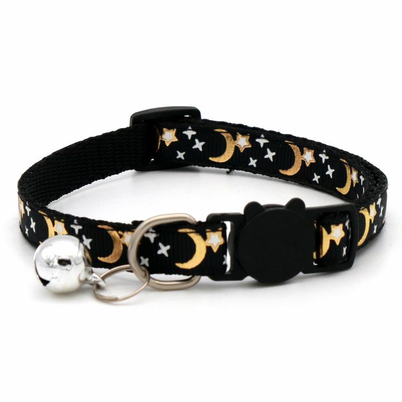 Cat Dog Collar Gold Color Stars and Moon Pet Collar with Bell and PP Material Separate Reflective Safety Buckle Solid Safe