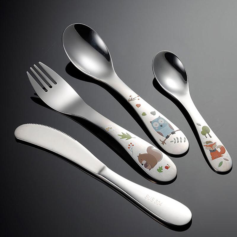 1/4 шт. Детские столовые приборы из нержавеющей стали, мультяшный узор, гравировка, детская посуда, милый набор ложек и вилок, детские столовые приборы для кормления